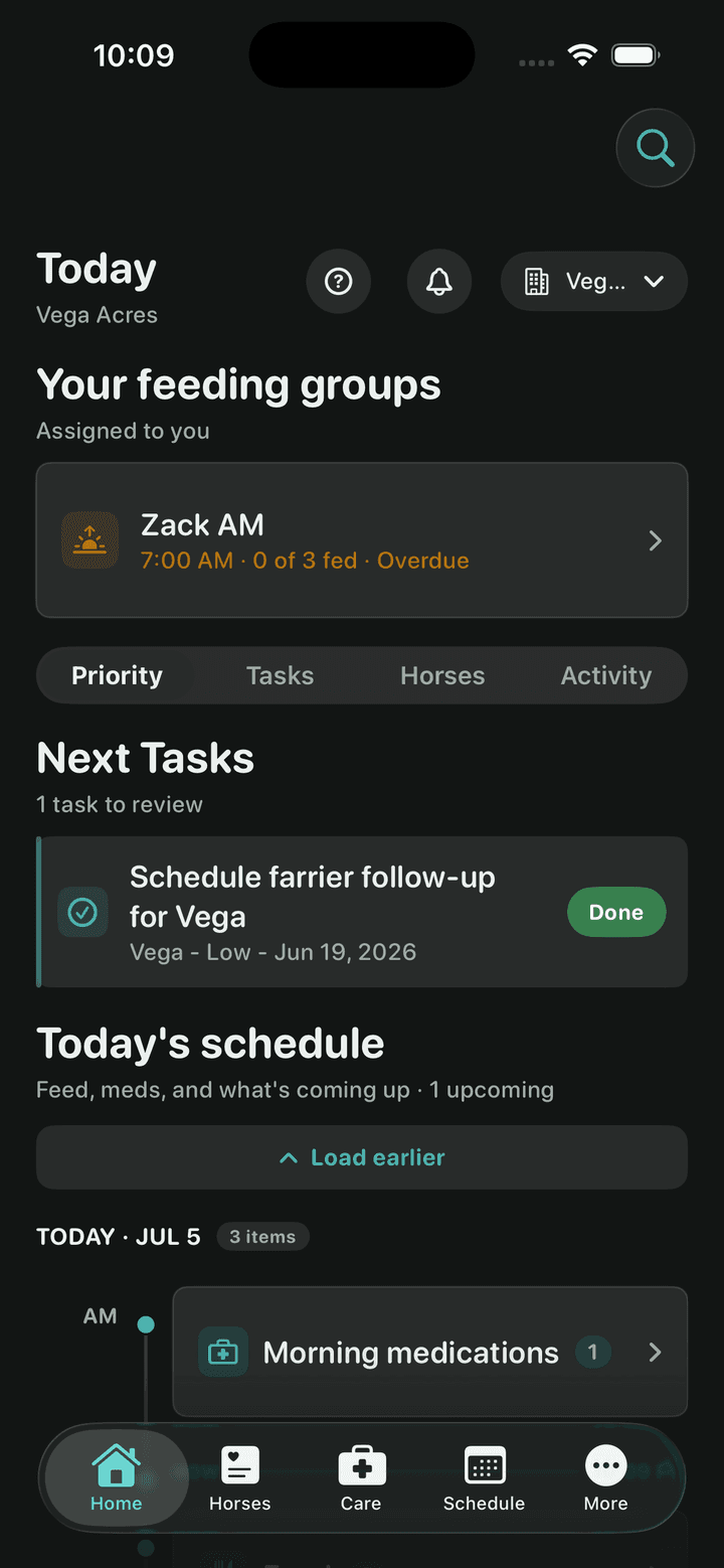 BarnKeep Today screen — feeding runs and the day at the barn