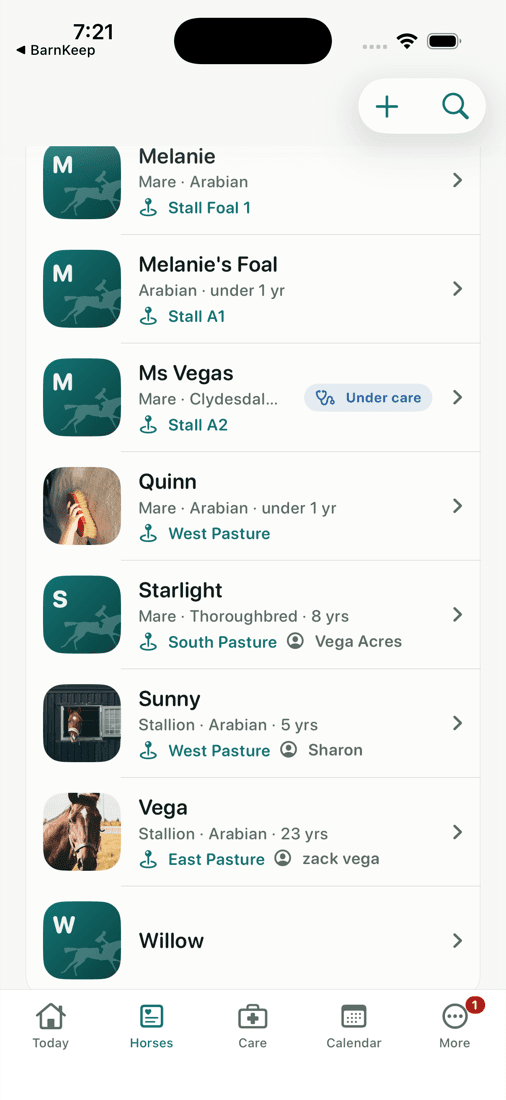 Horse roster in BarnKeep