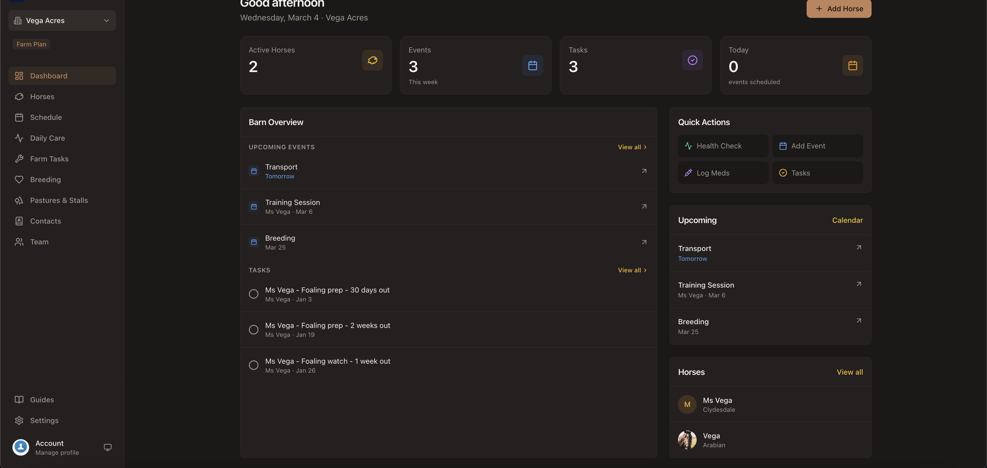 BarnKeep dashboard showing upcoming events and tasks